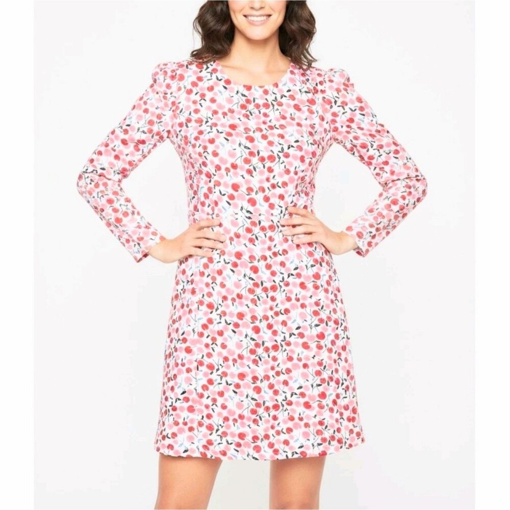 LOFT Dress Cherry Print Shift White Red Pink Long Sleeve Women Size Medium NWT